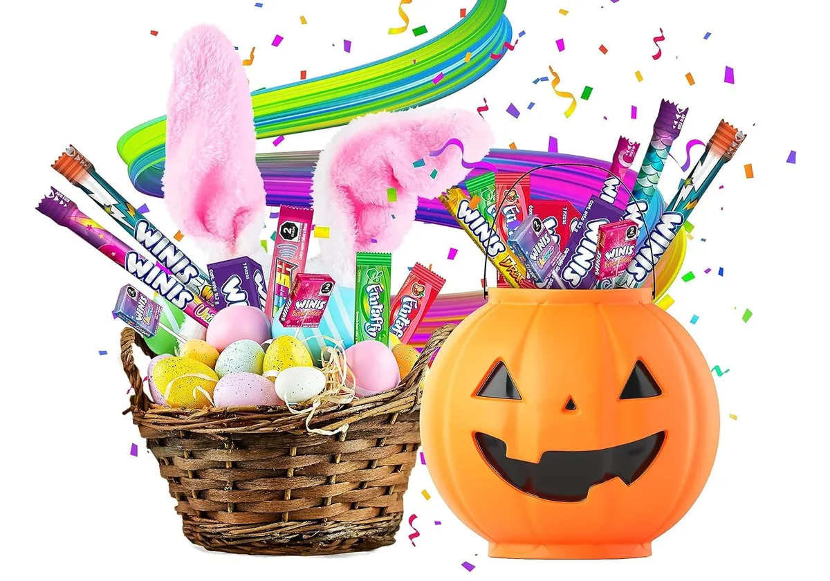 An Easter basket and a jack-o'-lantern pail filled with Winis candy sticks and chews