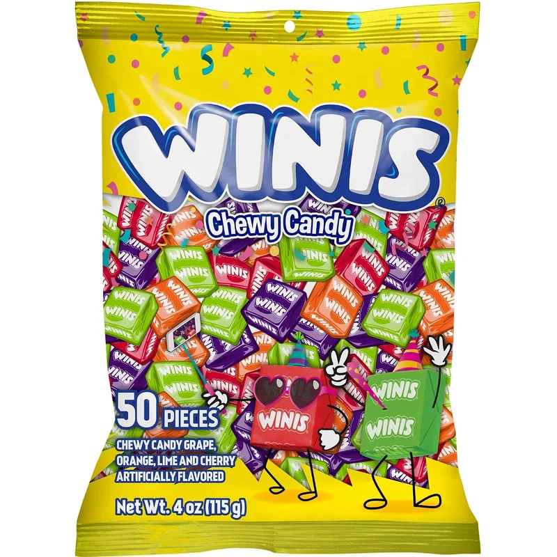 A yellow bag of Winis Original Chewy Candy, 50 pieces