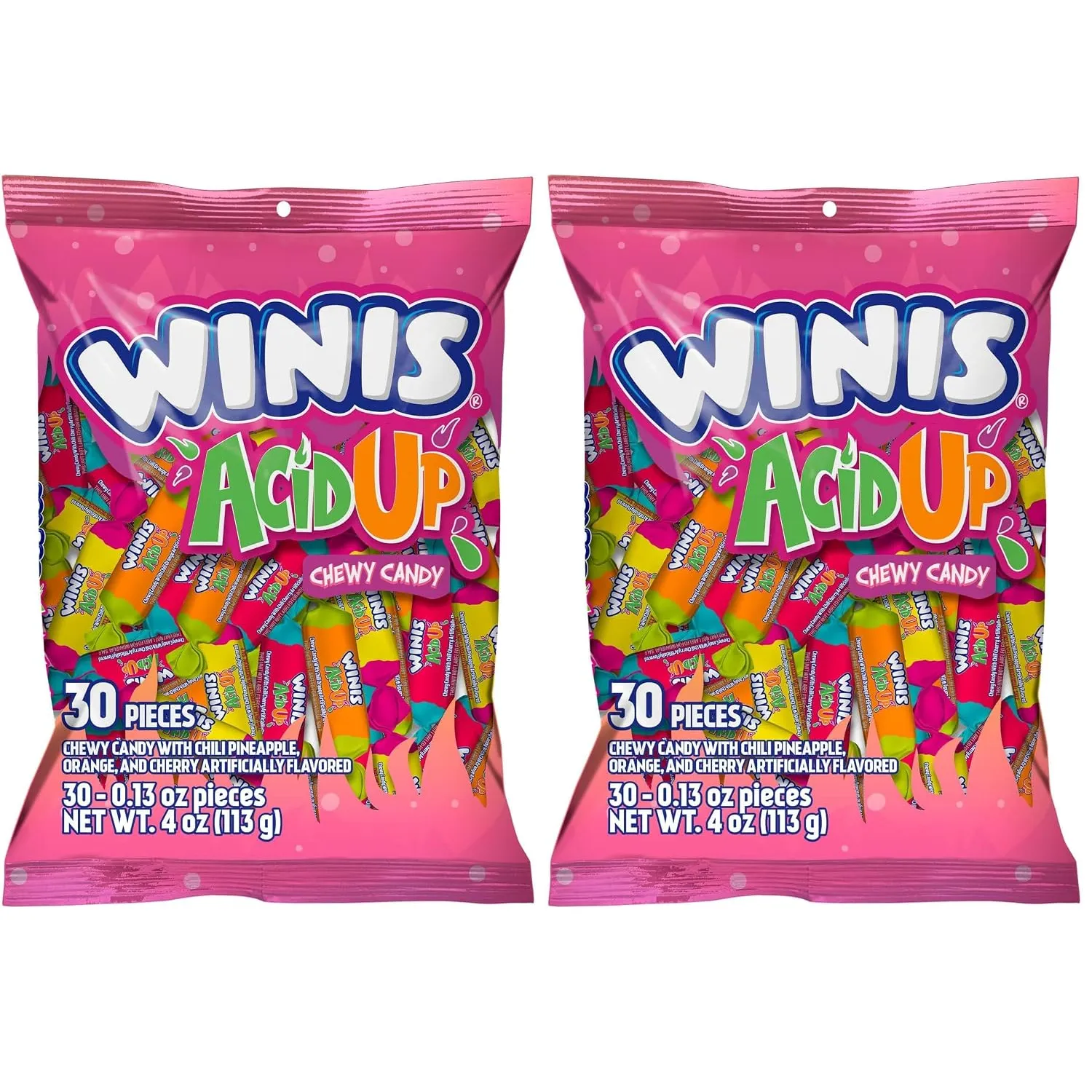 Winis Acid Up Sour & Spicy Chewy Candy, 2 bags of 30, 60 pieces, bag