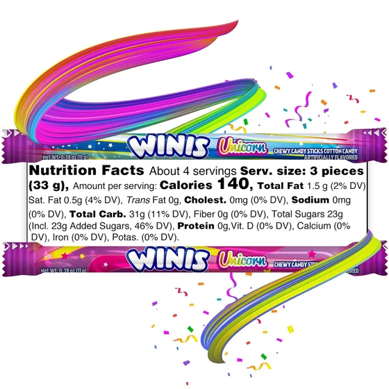 Winis Unicorn Chewy Candy Sticks, 1 bag, 11 pieces