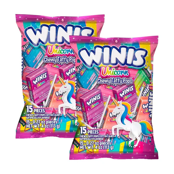 Winis Unicorn Chewy Taffy Pops, 2 bags, 30 pieces
